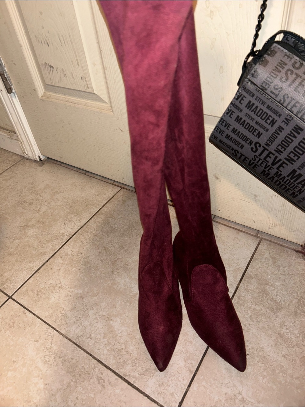 Fergie Over-the-Knee Burgundy Suede Pointed Toe Boots